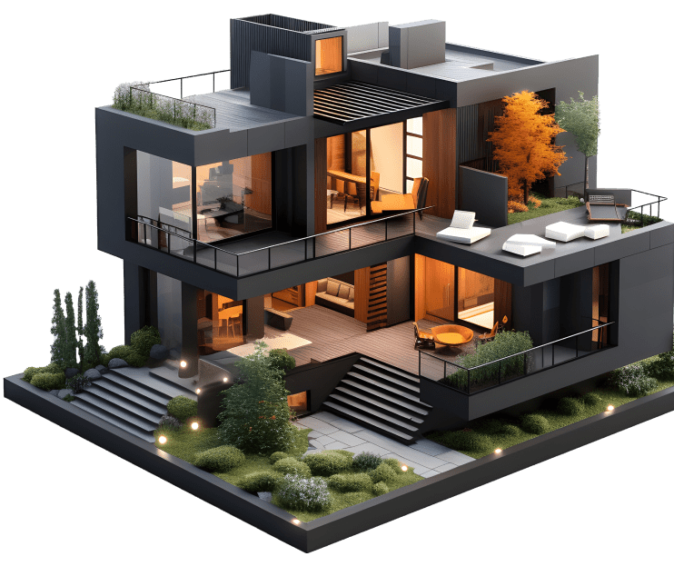Maqueta seccionada de una vivienda unifamiliar moderna de dos plantas, con los interiores iluminados, terrazas ajardinadas y accesos escalonados